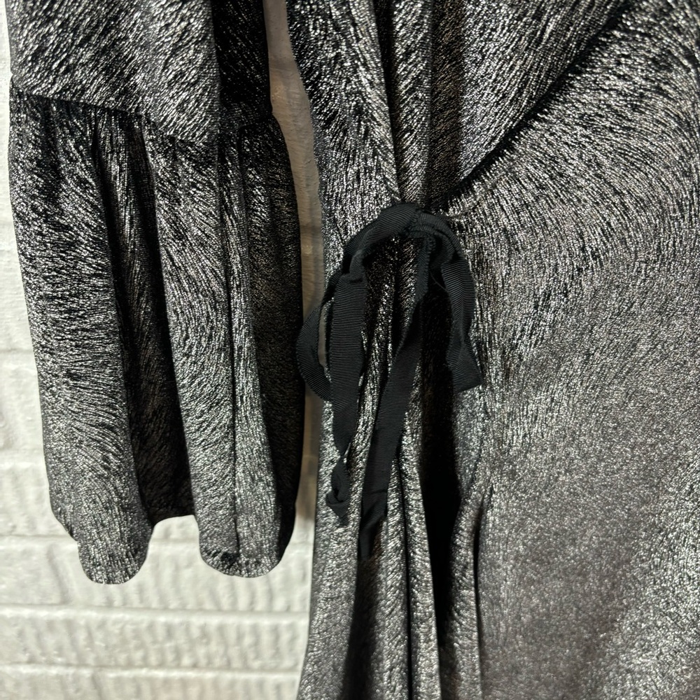 Bryn Walker Sybilla Wrap Dress Small Silver Black Metallic Bell Sleeve Midi - Picture 5 of 5